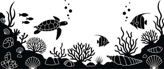 Black and White Underwater Coral Reef Scene with Sea Turtle, Fish and Marine Silhouettes © SAIF820