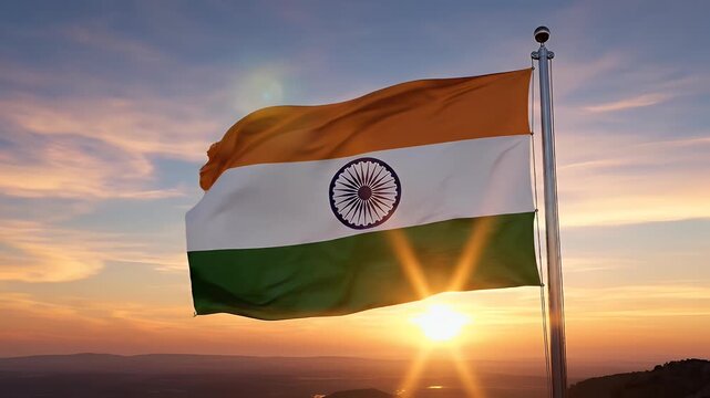 A flag with orange, white, and green stripes flies at sunset, with the sun setting behind it