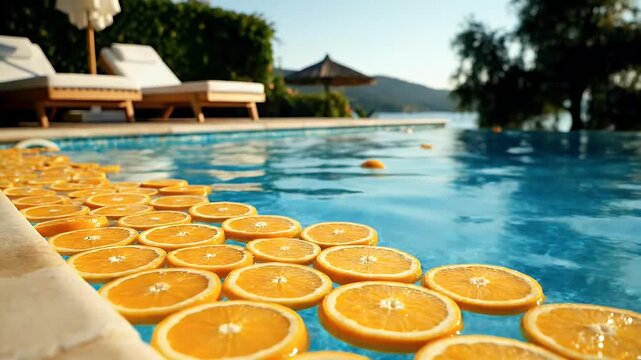 Sliced oranges float serenely in a glistening blue swimming pool