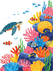 Fototapeta premium Colorful Tropical Coral Reef with Sea Turtle and Fish Underwater Illustration