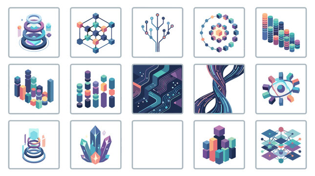 Collection of digital data, technology, and blockchain illustrations