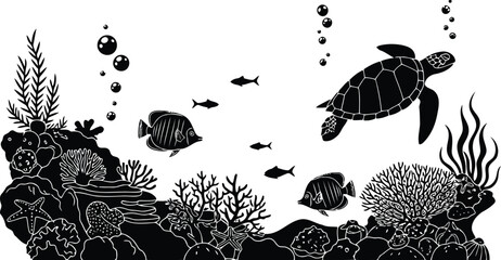 Black and White Underwater Coral Reef with Sea Turtle and Fish Silhouette Vector Illustration © SAIF820