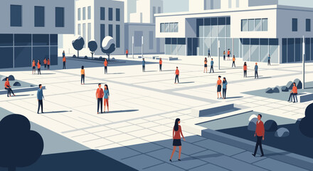 Modern City Square with Diverse People Walking and Interacting Outdoors © Arana