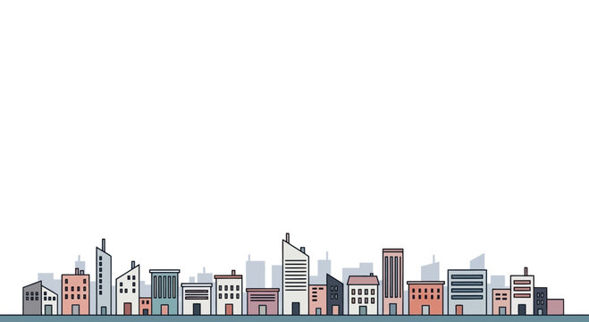Hand-drawn cityscape with diverse buildings and skyline on white background