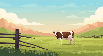 Pastoral Landscape with Holstein Cow in Green Field, Mountains and Fence, Rural Scene © Arana