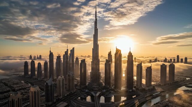 A majestic cityscape emerges from clouds at sunrise, with skyscrapers piercing the sky