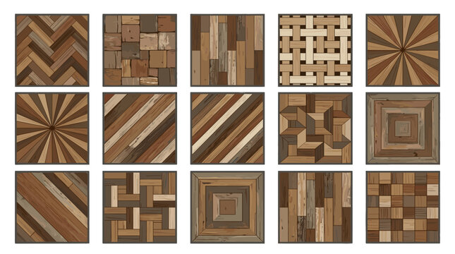 Collection of various wooden parquet flooring patterns and textures