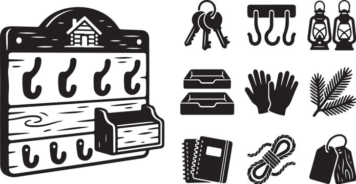 Black and white illustration of hooks and tools
