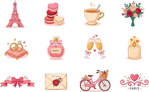 Cute Paris Romance Vector Icon Set