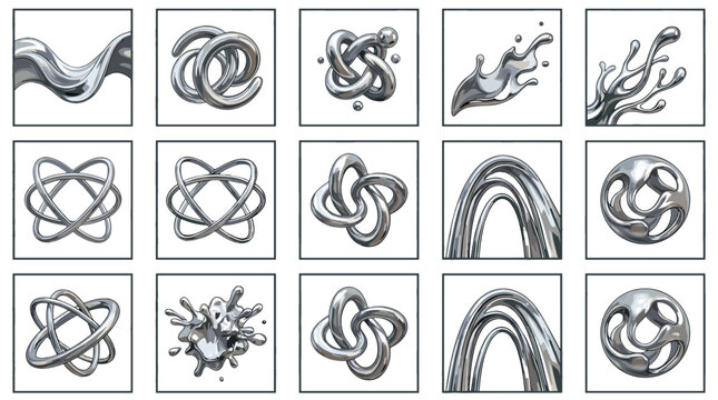Collection of various metallic abstract shapes and complex forms