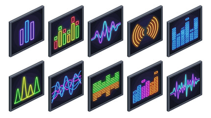 Collection of digital data visualization screens with colorful graphs © Luan