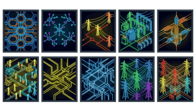 Colorful neon geometric patterns and abstract designs for digital art