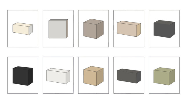 Collection of various 3d boxes and containers in different colors