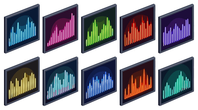 Set of colorful digital equalizer screens with sound wave patterns