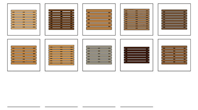Collection of wooden pallets in various colors and finishes for shipping