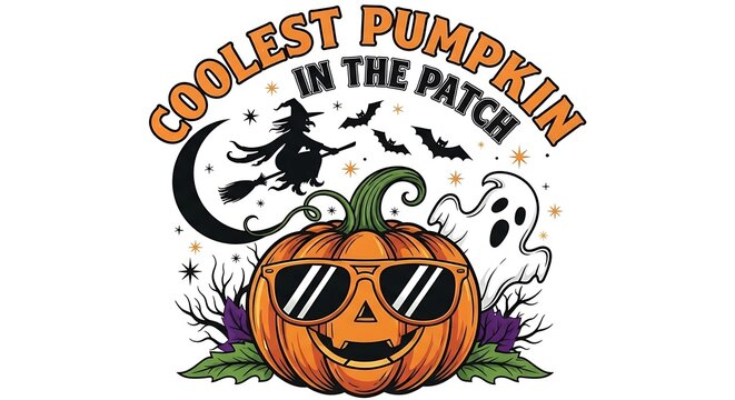 Halloween pumpkin with sunglasses and witch illustration design