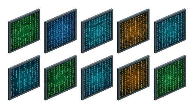 Set of ten digital screens displaying binary code and data