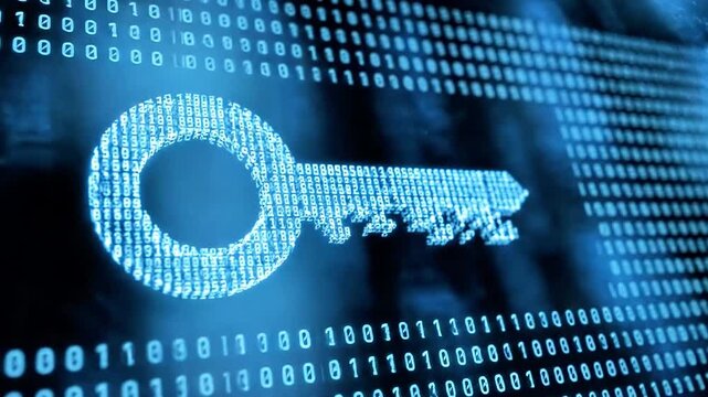 A close-up of a blue-tinted digital image featuring a large key made of binary code