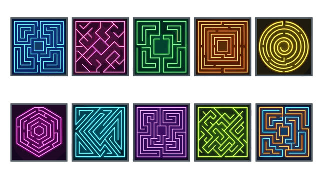 Set of colorful abstract maze patterns with geometric designs