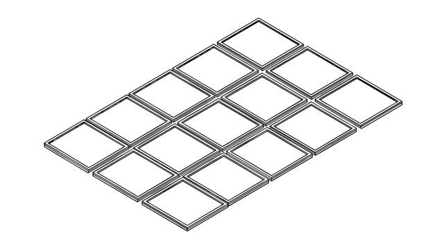 Isometric wireframe grid structure with multiple interconnected squares