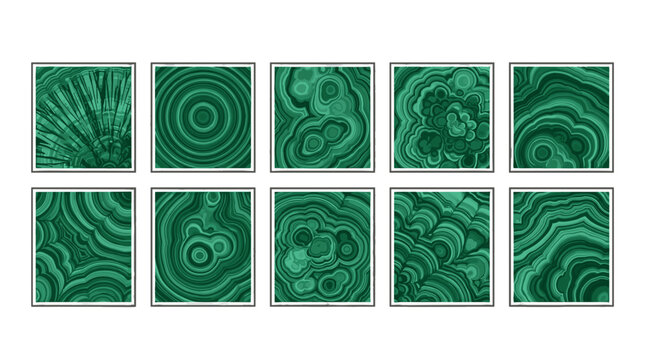 Collection of green malachite gemstone slices with intricate patterns