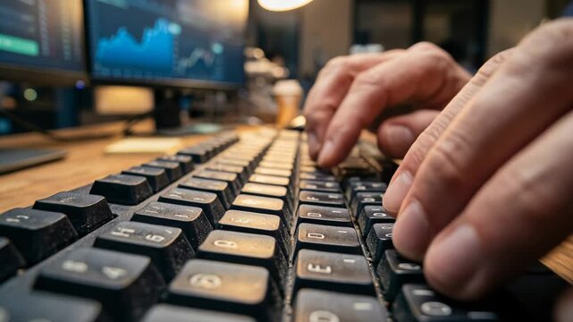 Extreme Closeup Hands Typing on Worn Dirty Keyboard &mdash; Relentless Trader Working at Finance Desk With Stock Charts in Background
