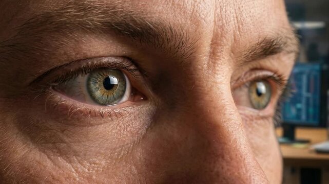 Extreme Close-Up of Trader Eyes Reflecting Stock Market Charts &mdash; Macro Cinematic Shot of Focused Financial Expert Analyzing Data