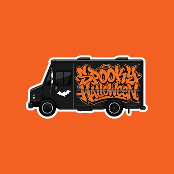 Spooky Halloween black van vector cartoon sticker for scrapbook decoration