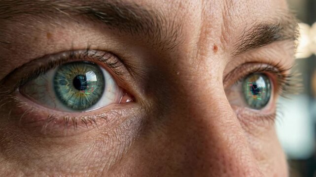 Extreme Close-Up of Trader Eyes Reflecting Stock Market Charts &mdash; Macro Cinematic Shot of Focused Financial Expert Analyzing Data