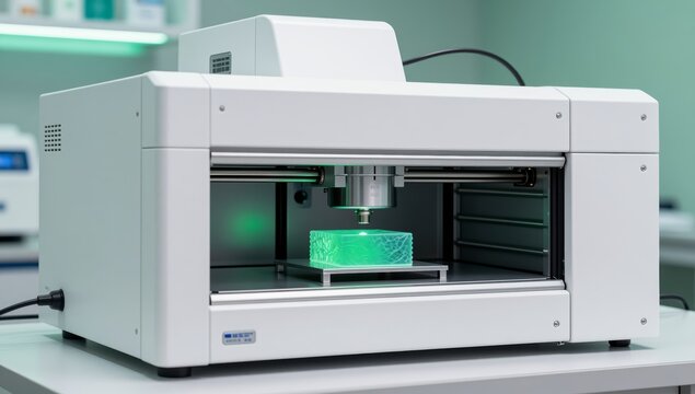 Modern industrial 3d printer manufacturing intricate translucent green resin part inside high tech laboratory setting with glowing laser precision engineering equipment
