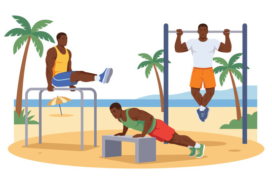 Athletic men workout beachside palm trees. Calisthenics training push-ups pull-ups parallel bars. African descent fitness outside ocean view sunny day.