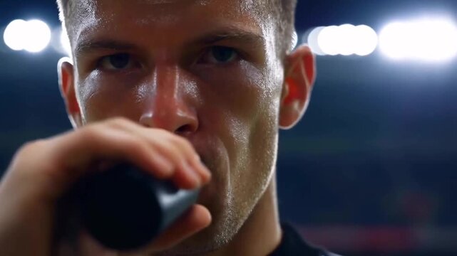 ultra close-up cinematic perspective of a soccer referee blowing whistle, dramatic stadium lights reflecting on face, shallow depth of field, intense expression, sweat details, dynamic camera movement