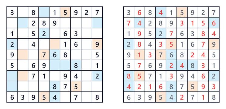 Sudoku puzzle with solved and unsolved grids in blue and red  