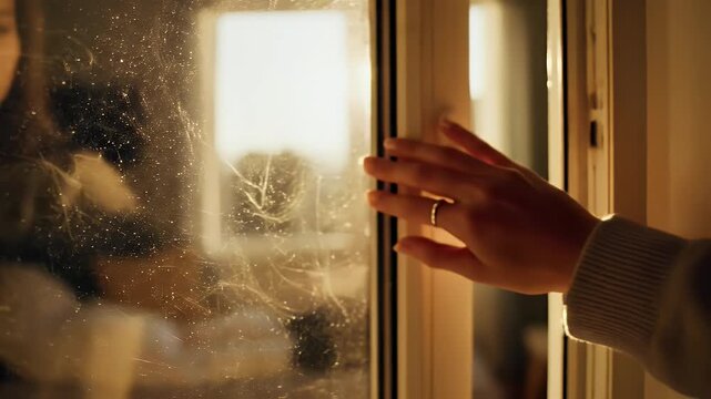 Woman's hand touches a dirty window with reflection of face