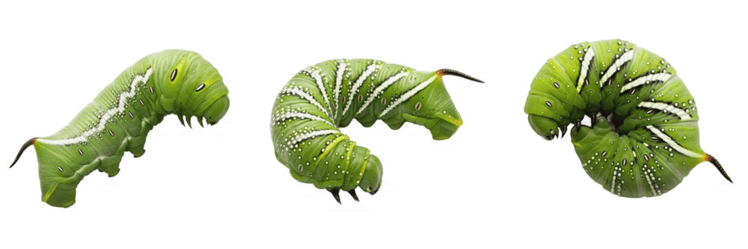 Tomato hornworm green caterpillar showing biological anatomy, structural morphology, taxonomic classification traits, and agricultural crop damage parameters within a reference field.