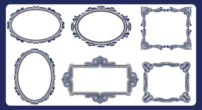 Collection of ornate vintage frames with intricate blue and gold border designs isolated on a white background.