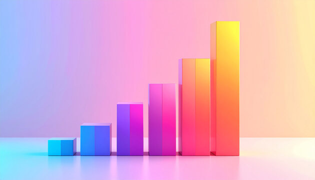 Increasing colorful bar graph with rising trend on isolated background