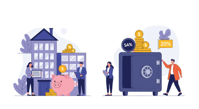 Financial management concept illustrations showing people saving money in a piggy bank and using a secure bank vault.