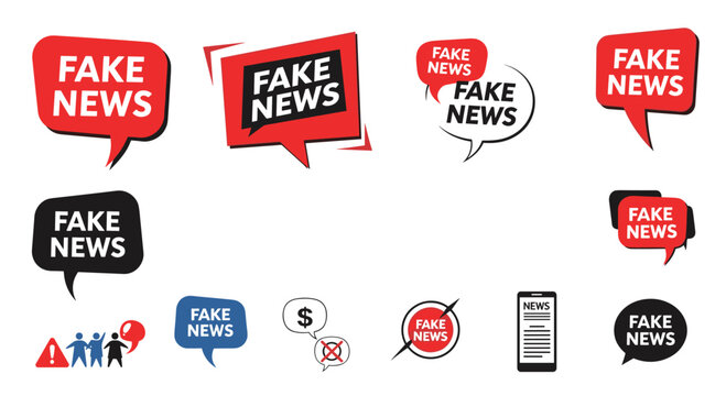 Collection of fake news icons and warning symbols emphasizing media misinformation and digital disinformation trends.
