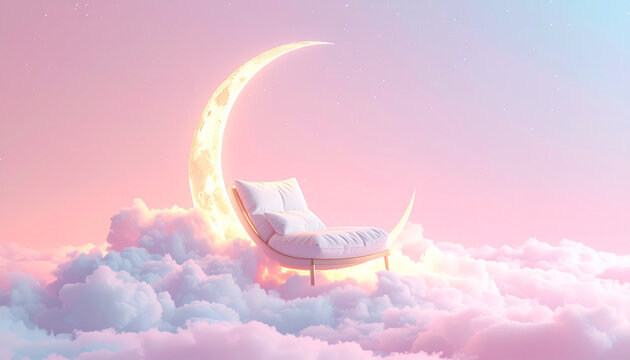 Dreamy crescent moon chair on fluffy clouds at sunset