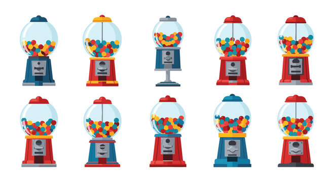 Collection of vintage style gumball machines in different colors including red, blue, and yellow with colorful candy.