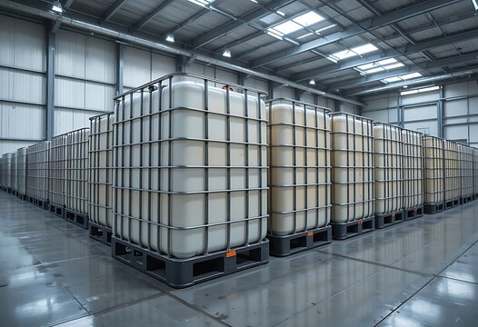 Stacked industrial bulk containers in modern warehouse storage facility. ibc container