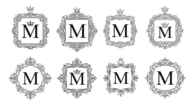 Set of elegant monogram frames featuring the letter M decorated with ornate scrolls and royal crowns in black ink.