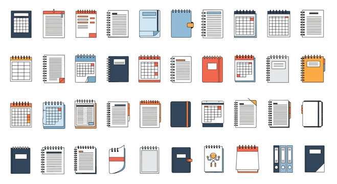 Large assortment of stationery items featuring various types of notebooks, planners, calendars, and organizational folders in a flat design.