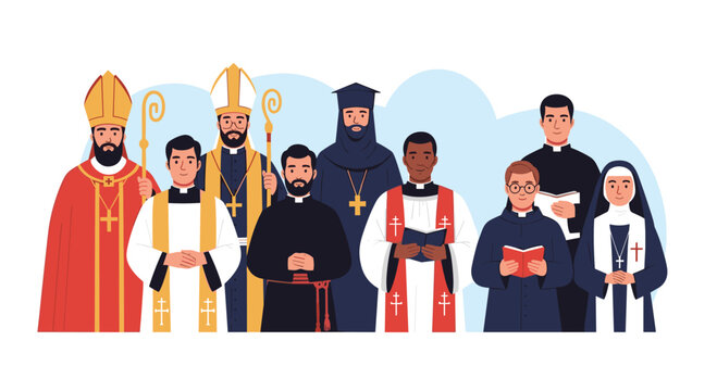 Diverse group of Catholic clergy members including the Pope, cardinals, bishops, priests, and a nun standing together in formal attire.
