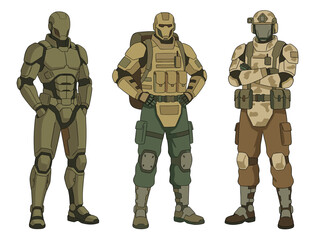 Fototapeta premium Armor-clad futuristic soldiers standing confidence, military outfits featuring green, brown, camouflage patterns various tactical gear, helmets. Robotic, human-like appearances. Isolated white