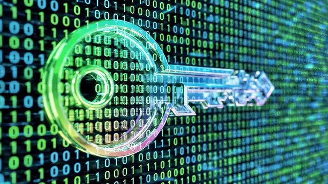 A futuristic digital background with a spiral design and binary code in shades of green and blue