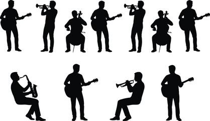 Musician Silhouette Collection with Guitar, Trumpet, Saxophone and Cello Players Isolated Vector Set for Music Performance Illustration. © MdMonjurul