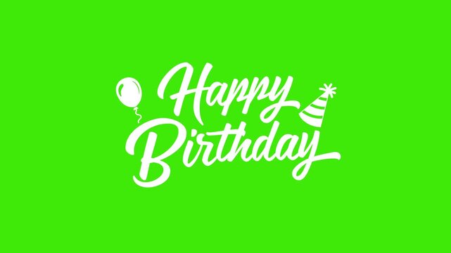 Celebratory graphic with green background, white birthday text balloon, party hat. Ideal for birthday invitations, party supplies, festive designs.