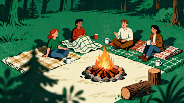 Group of friends storytelling around campfire in forest with cozy blankets and warm firelight